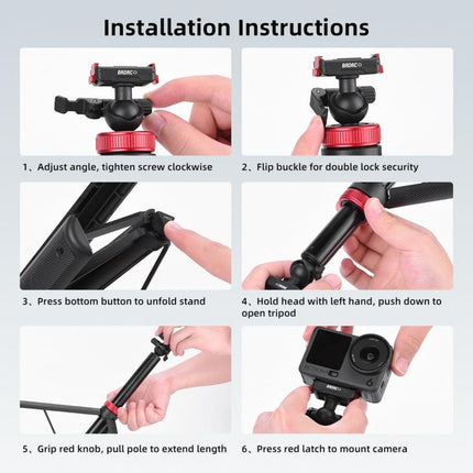 BRDRC 1.6m Ball Head Quick-release Tripod Extension Selfie Stick, For DJI Osmo Action 6 / Nano, For DJI Osmo Action 3 / 4 / 5 Pro