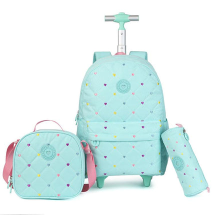 Kids Rolling Backpack 3 Piece Set Quilted Heart Wheeled School Bag with Lunch Box & Pencil Case for Girls