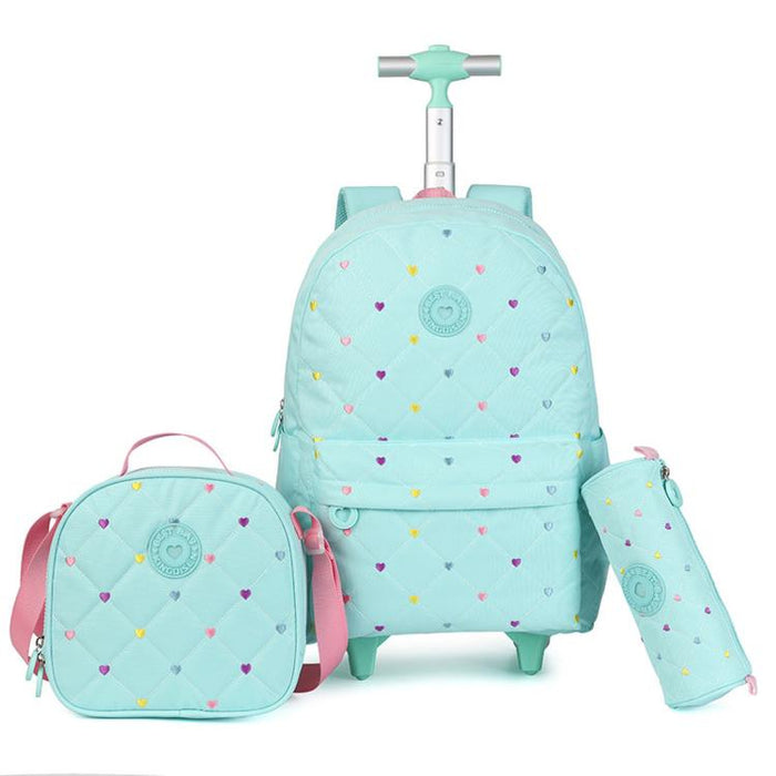 Kids Rolling Backpack 3 Piece Set Quilted Heart Wheeled School Bag with Lunch Box & Pencil Case for Girls