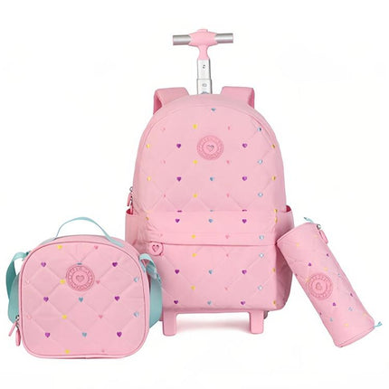 Kids Rolling Backpack 3 Piece Set Quilted Heart Wheeled School Bag with Lunch Box & Pencil Case for Girls
