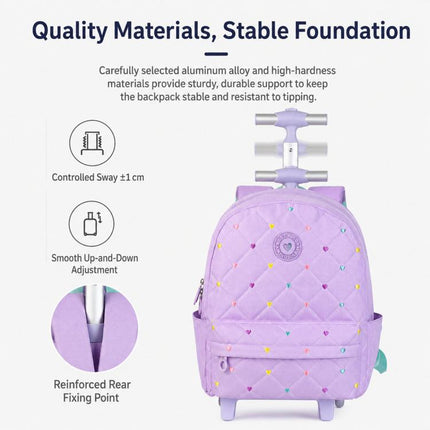 Kids Rolling Backpack 3 Piece Set Quilted Heart Wheeled School Bag with Lunch Box & Pencil Case for Girls