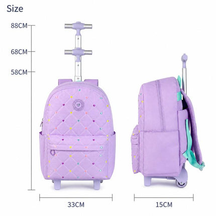 Kids Rolling Backpack 3 Piece Set Quilted Heart Wheeled School Bag with Lunch Box & Pencil Case for Girls