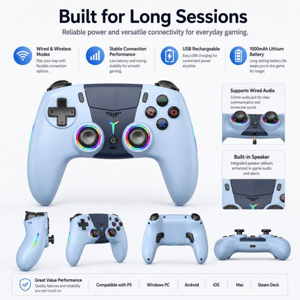For PS5 Wireless Controller Bluetooth Gamepad With RGB Light, Hall Effect Joy, Back Macro Button