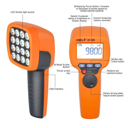 DIGT DT-10S Handheld Digital Stroboscope Tachometer 60-99999 RPM Non-Contact Tachometer with 1500 LUX LED Light, DT-10S