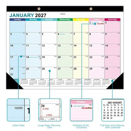 18 Months Jan 2027 - Jun 2028 Desk Calendar 17inch x 12inch Large Monthly Wall Calendar, Fresh Flower, European Style, Black Classic, Watercolor Florals, Fluid Style, Holiday Theme, Fresh Watercolor Style