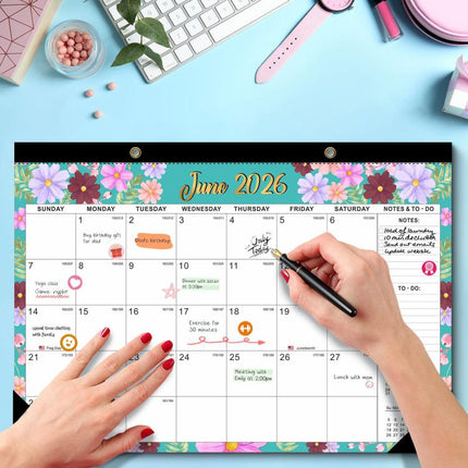 18 Months Jan 2027 - Jun 2028 Desk Calendar 17inch x 12inch Large Monthly Wall Calendar, Fresh Flower, European Style, Black Classic, Watercolor Florals, Fluid Style, Holiday Theme, Fresh Watercolor Style