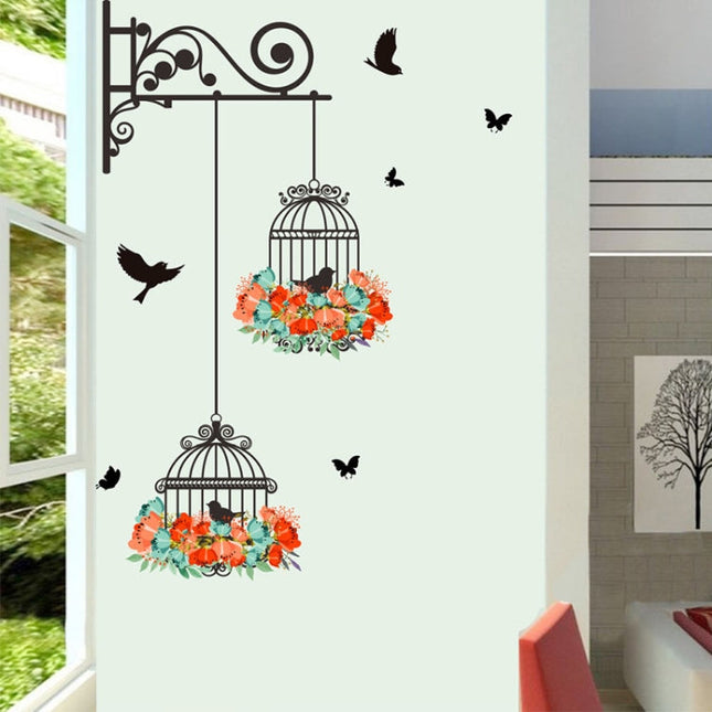 Birdcage Flower Flying Living Room Nursery Room Wall Stickers Vinyl Wall Decals Wall Sticker, Birdcage Flower