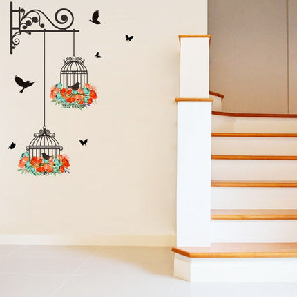 Birdcage Flower Flying Living Room Nursery Room Wall Stickers Vinyl Wall Decals Wall Sticker, Birdcage Flower