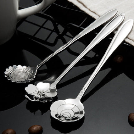 3 PCS Stainless Steel Household Creative Flower Spoon Coffee Stirring Spoon, Sun Flower Spoon, Sunflower Spoon, Pansy Flower Spoon, Bellflower Spoon, Plum Flower Spoon, Cosmos Flower Spoon