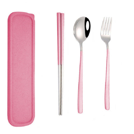 3pcs / Set Portable Stainless Steel Tableware Creative Set Chopsticks Spoon Fork Gift, Steel, Black, Pink, Red, Blue