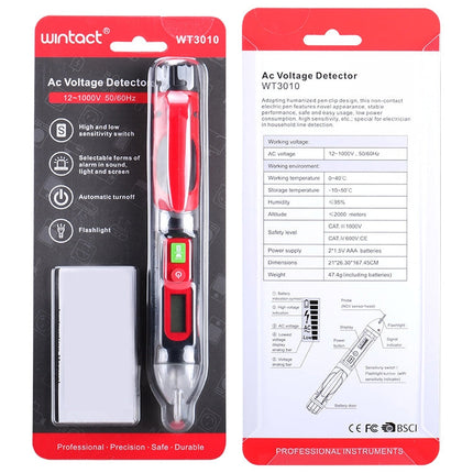 WINTACT WT3010  LED AC Voltage Tester Non-Contact Detector Pen 12-1000V AC Voltage Detector, WINTACT WT3010