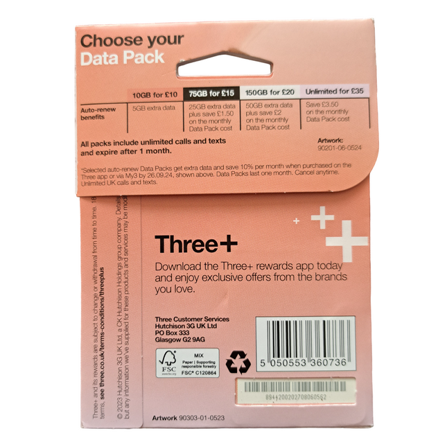 Three Pay As You Go Sim Card - £20