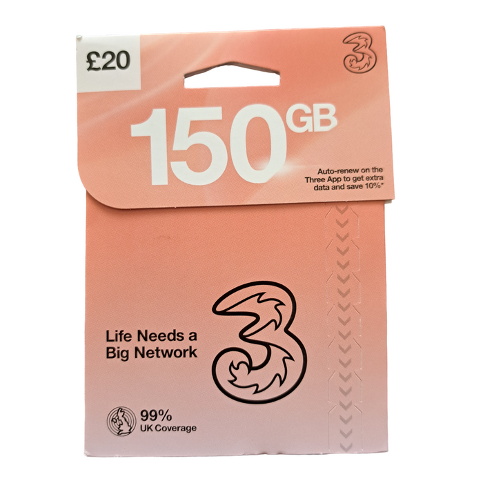 Three Pay As You Go Sim Card - £20