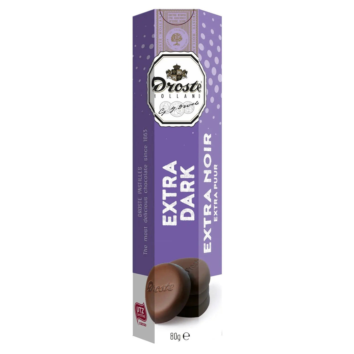 Extra dark chocolate pastilles in tube