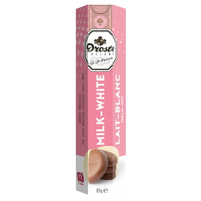 Milk and white chocolate pastilles in tube