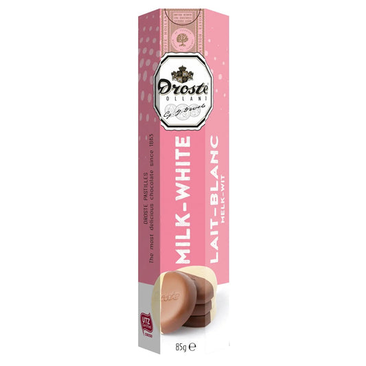 Milk and white chocolate pastilles in tube