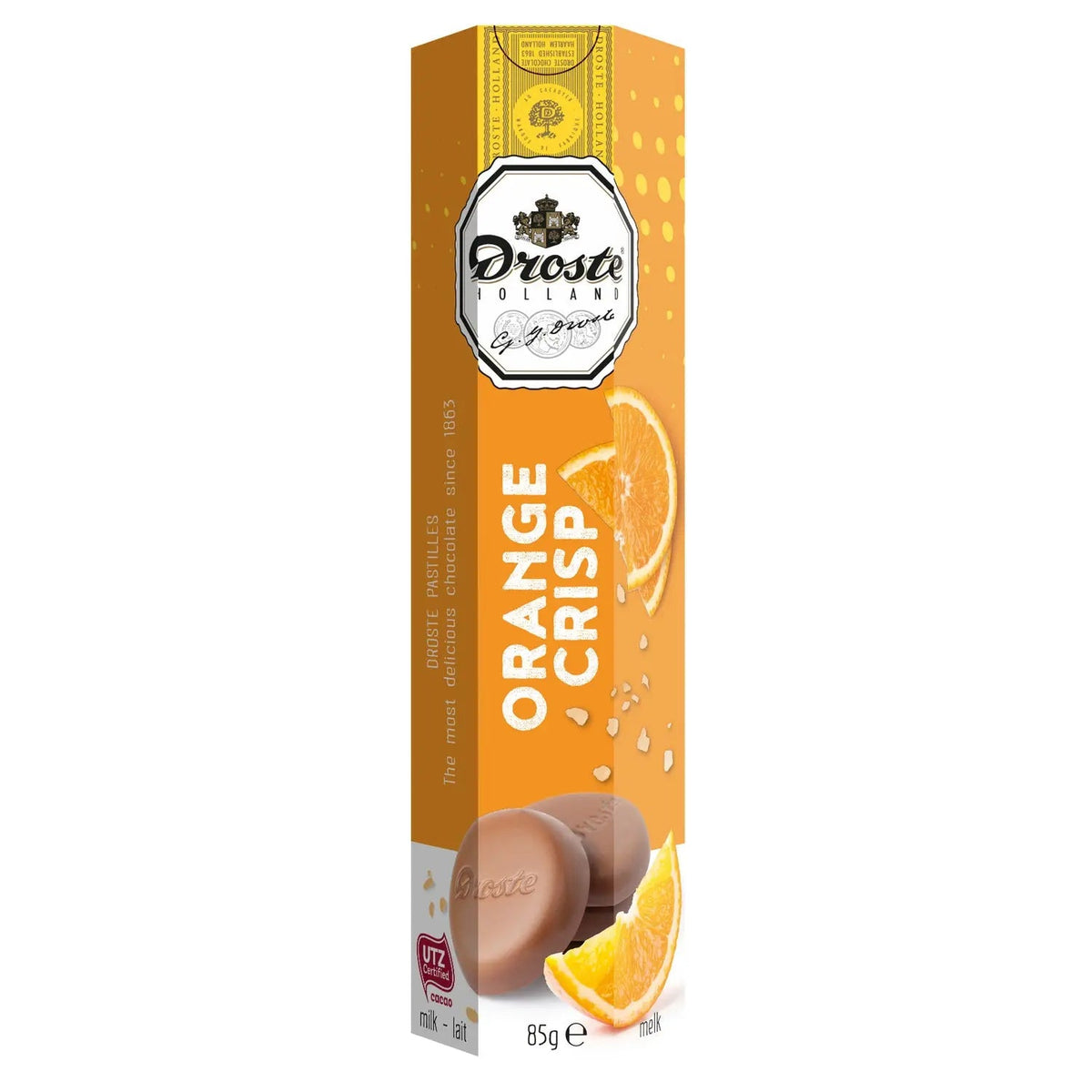 Milk chocolate orange crisp pastilles in tube