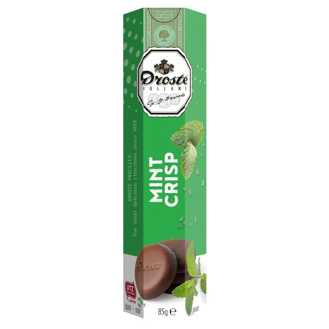 Dark chocolate mint crisp pastilles in tube