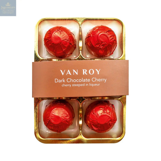 Van Roy 6 pack of red foiled cherry liqueurs in dark chocolate in cello