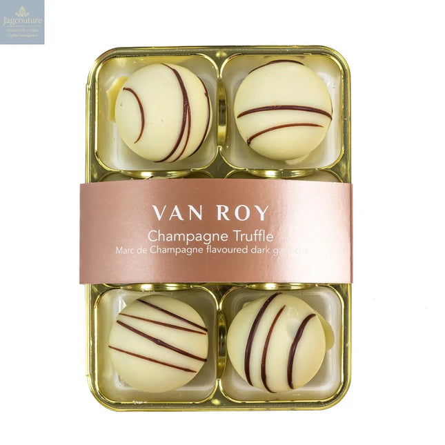 Van Roy 6 pack of white chocolate covered Marc de Champagne truffles in cello