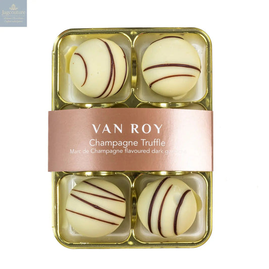 Van Roy 6 pack of white chocolate covered Marc de Champagne truffles in cello