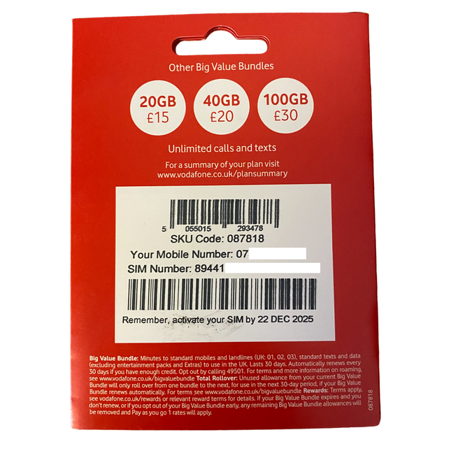 Vodafone Pay As You Go Sim Card 30 Day Bundle - £10