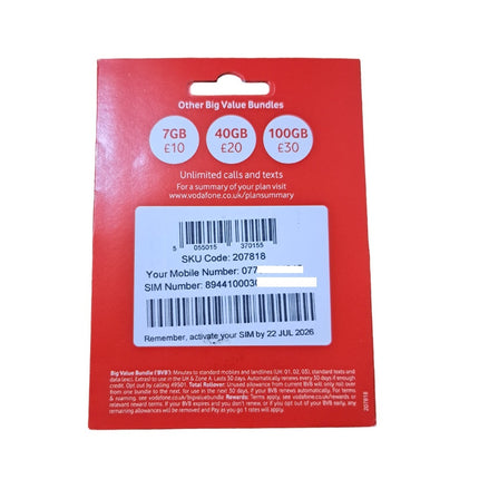 Vodafone Pay As You Go Sim Card 30 Day Bundle - £15