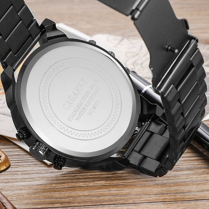 CAGARNY 6820 Fashionable Business Style Large Dial Dual Time Zone Quartz Movement Wrist Watch with Stainless Steel Band & Calendar Function for Men((Black Steel Band Blue Window)