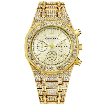 CAGARNY 6881 Diamond-studded Six-needles Guartz Dual Movement Watch Men Stainless Steel Strap Watch (Gold Shell Gold Dial)