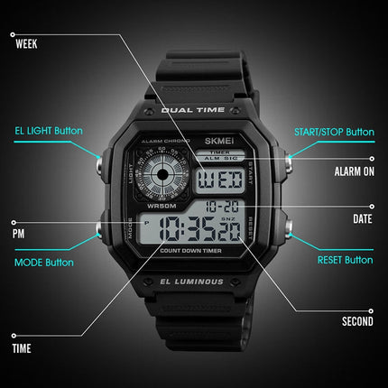 SKMEI 1299 Multifunctional Outdoor Sports Noctilucent Waterproof Digital Display Wrist Watch