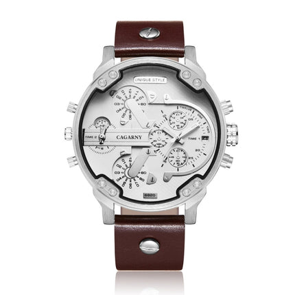 CAGARNY 6820 Fashionable Multifunctional Style Quartz Business Sport Wrist Watch with Leather Band & GMT Time & Calendar & Luminous Display for Men(Brown Band White Window)