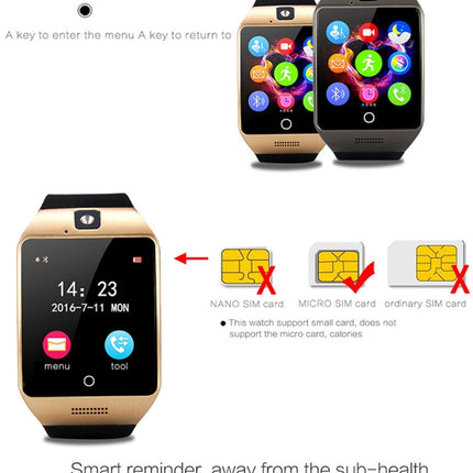 Q18S 1.54 inch IPS Screen MTK6260A Bluetooth 3.0 Smart Watch Phone, Pedometer / Sedentary Reminder / Sleeping Monitor  / Anti-Loss / Remote Camera / GSM / 0.3M Camera, WA3241BJ, WA3241BS, WA3241H, WA3241WJ, WA3241WS