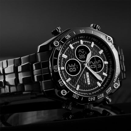 SKMEI 1302 Fashion Men Leisure Wrist Watch Multifunctional Dual-time Sports Digital Watch with Stainless Steel Watchband 30m Waterproof