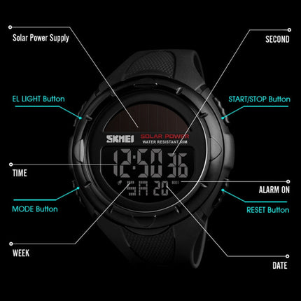 SKMEI 1405 Fashion Solar Power Outdoor Sports Watch Multifunctional 50m Waterproof Men Digital Watch