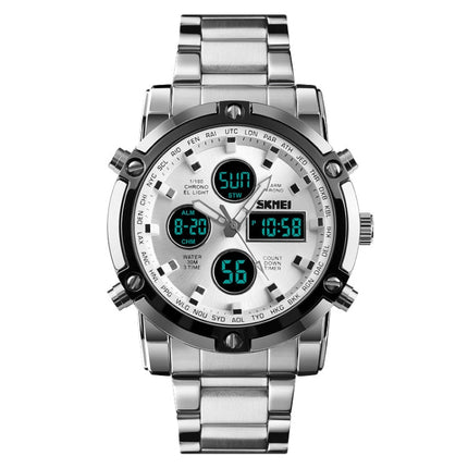 SKMEI 1389 Multifunctional Men Business Digital Watch 30m Waterproof Large Dial Wrist Watch with Stainless Steel Watchband
