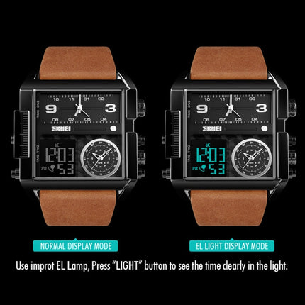 SKMEI 1391 Multifunctional Men Business Digital Watch 30m Waterproof Square Dial Wrist Watch with Leather Watchband