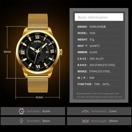 SKMEI 9166 Fashion Men Business Watch 30m Waterproof Metal Quartz Wristwatch