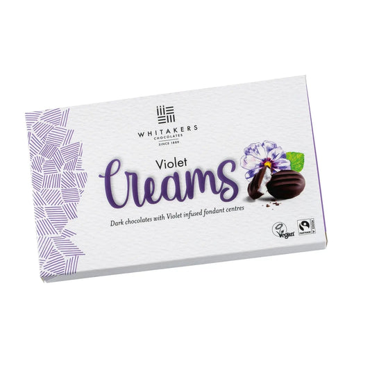 Whitakers dark chocolate covered violet fondant creams in carton
