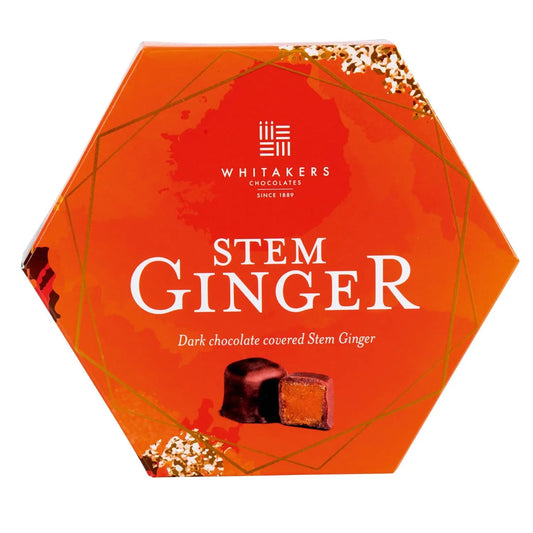Whitakers dark chocolate covered stem ginger in hexagon box