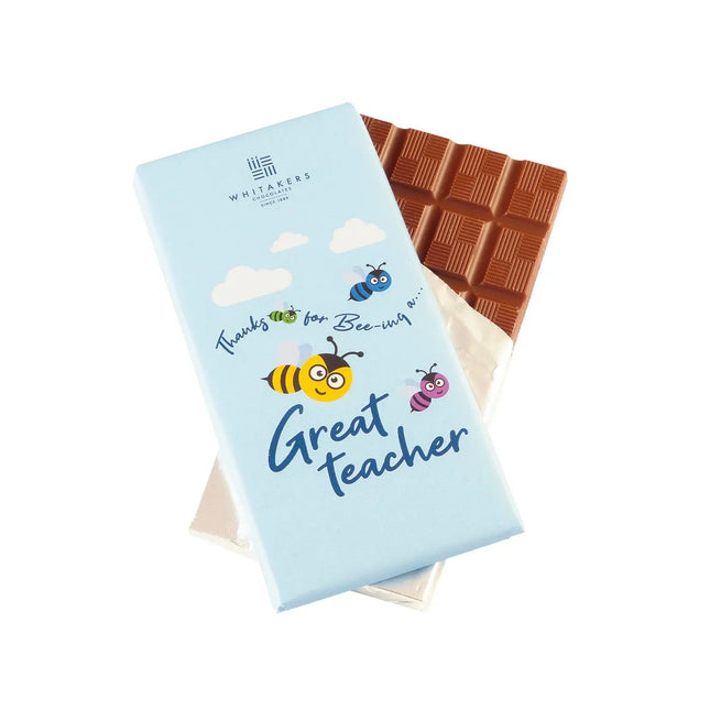 Whitakers milk chocolate bar with Great Teacher wrapper