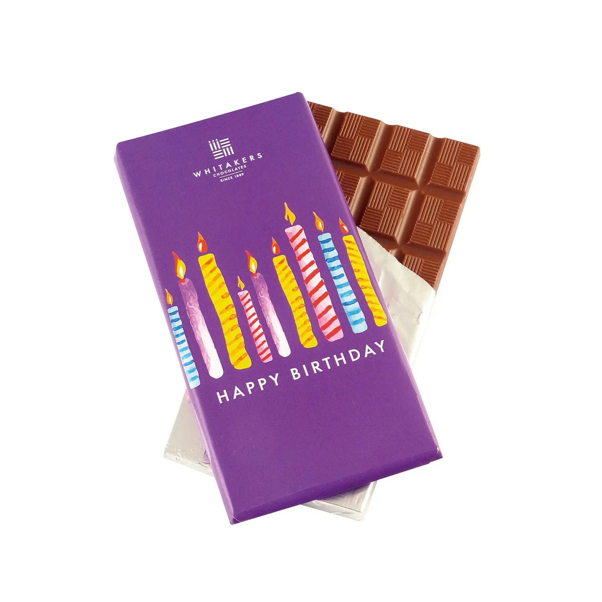 Whitakers milk chocolate bar with Birthday Candles wrapper