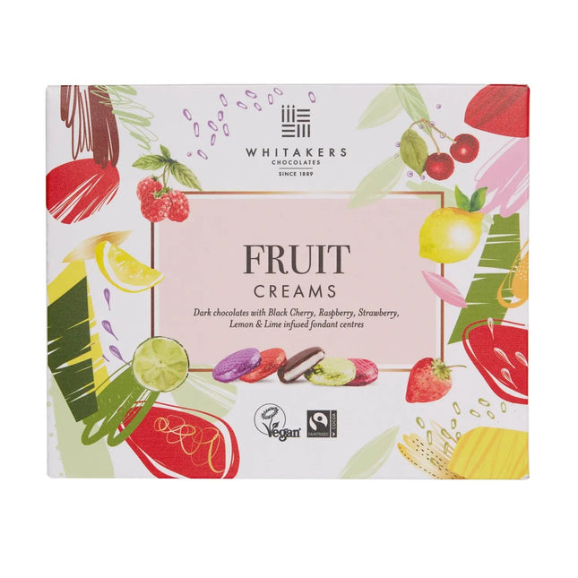 Whitakers foiled dark chocolate fruit creams in carton - black cherry, raspberry, strawberry, lemon & lime