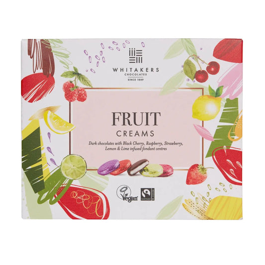 Whitakers foiled dark chocolate fruit creams in carton - black cherry, raspberry, strawberry, lemon & lime