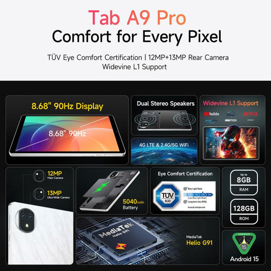 Ulefone Tab A10 Pro Tablet PC, 6GB+128GB, 8.68 inch Android 15 MediaTek Helio G91 Octa Core 4G Network, EU Plug