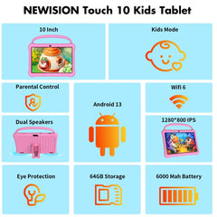 Pritom M10 Kids Tablet PC, 2GB+64GB, 10.1 inch Android 13 Unisoc SC7731E Quad Core CPU, Global Version with Google Play, US Plug