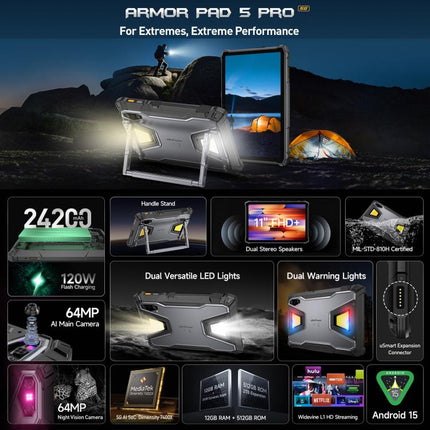 Ulefone Armor Pad 5 Pro Rugged Tablet PC, 12GB+512GB, 11 inch Android 15 MediaTek Dimensity 7400X Octa Core 5G Network, EU Plug, Armor Pad 5 Pro