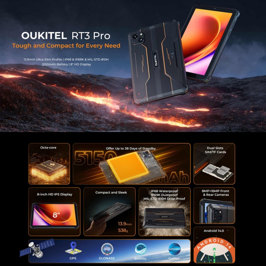 OUKITEL RT3 Pro 4G Network IP68/IP69K Rugged Tablet, 4GB+128GB, 8.0 inch Android 14 MediaTek G81 Octa-Core Support Dual SIM, EU Plug, RT3 Pro 4GB+128GB