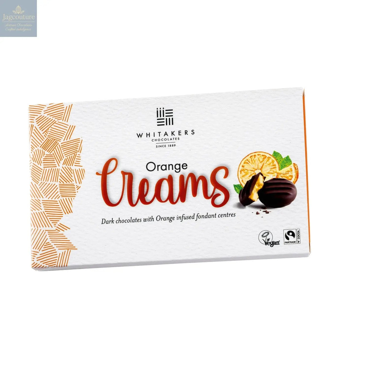 Whitakers dark chocolate covered orange fondant creams in carton