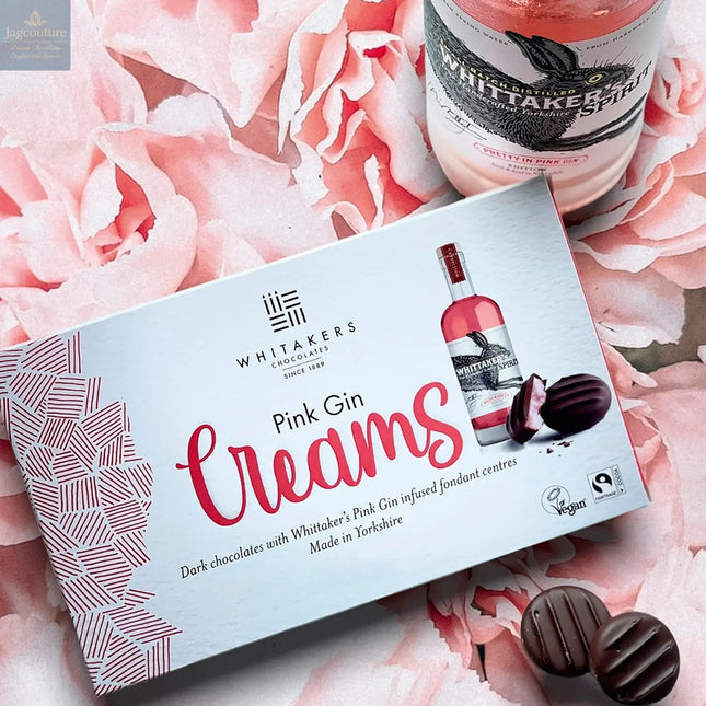 Whitakers dark chocolate covered pink gin fondant creams in carton