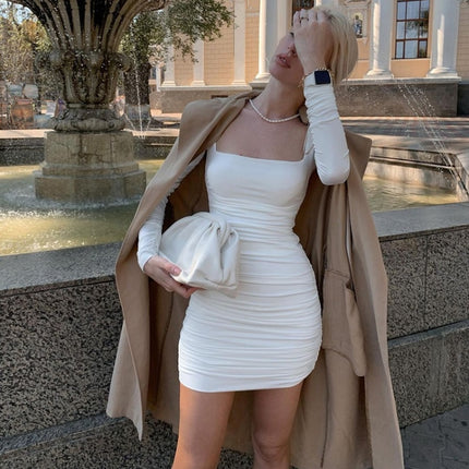 Pure Color Slim Slimming Pleated Hip Dress